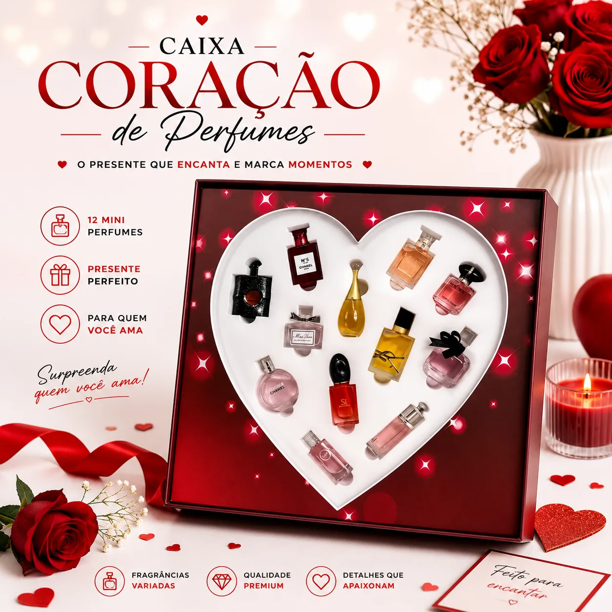 Caixa Coração - Kit 12 Mini Perfumes Originais