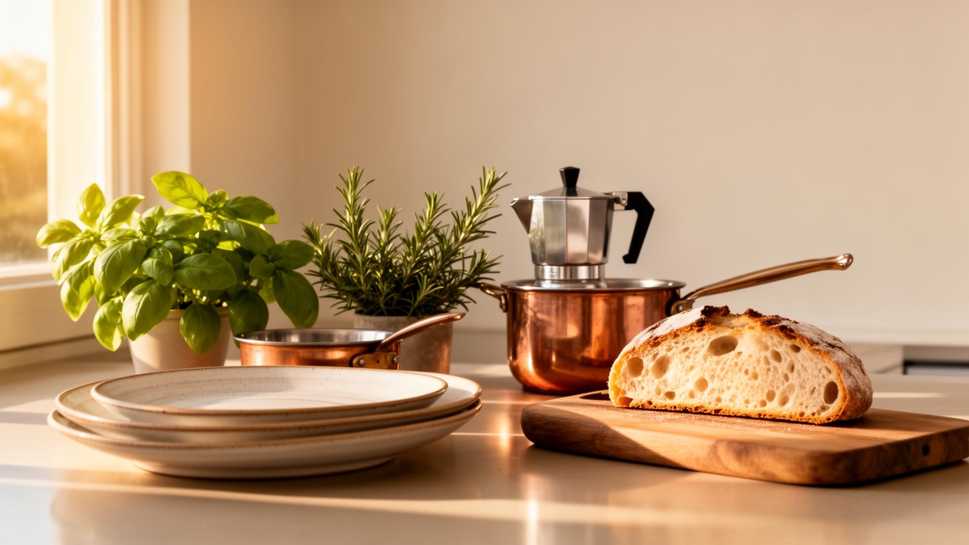 Cozinha iluminada com panela de cobre, café e ervas frescas