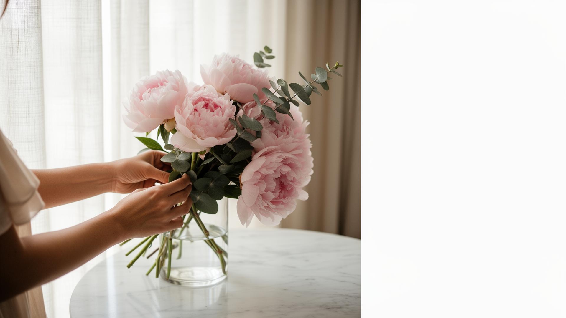 Mãos arranjando peônias rosas em vaso de vidro