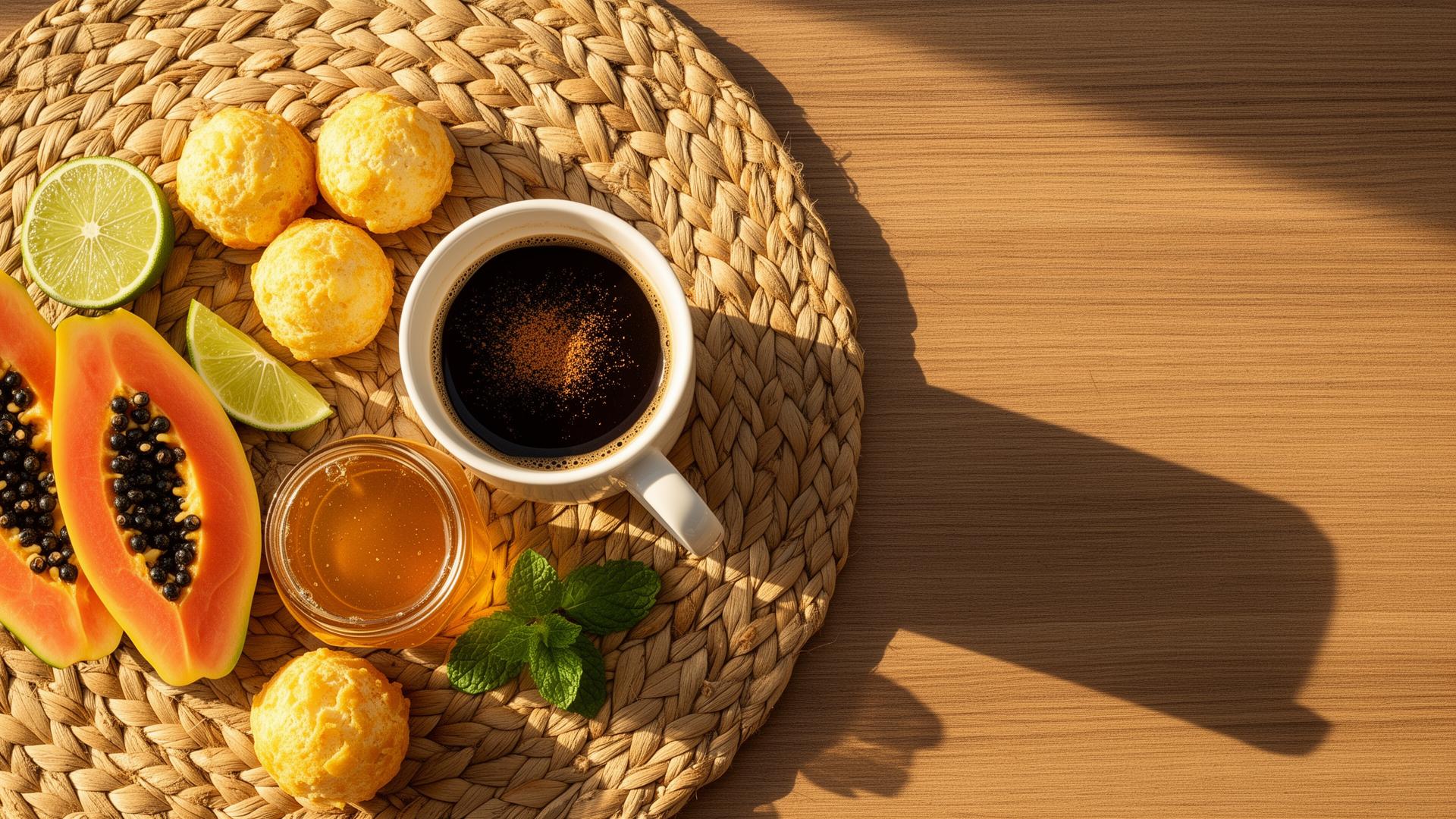 Café preto, pão de queijo e papaya na mesa em luz dourada