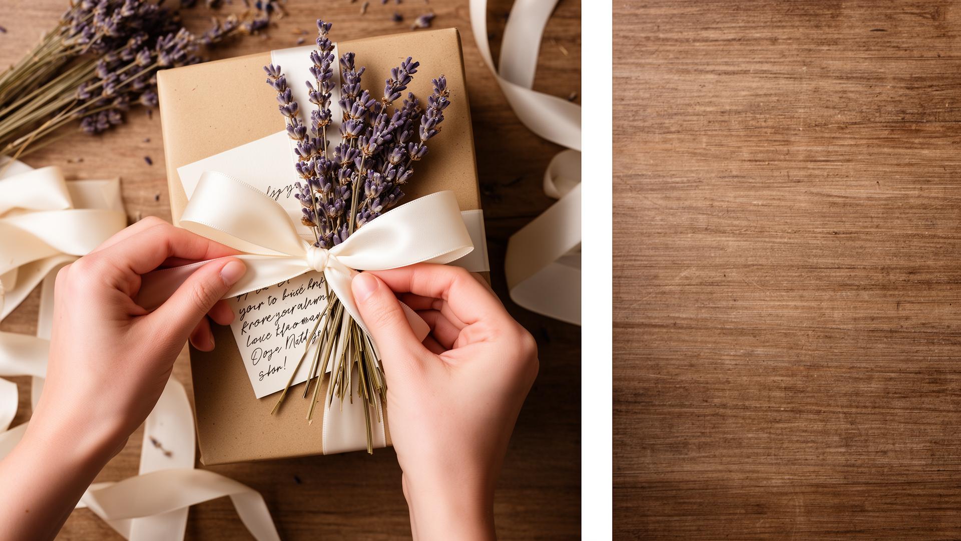 Mãos amarrando laço de cetim em caixa kraft com lavanda