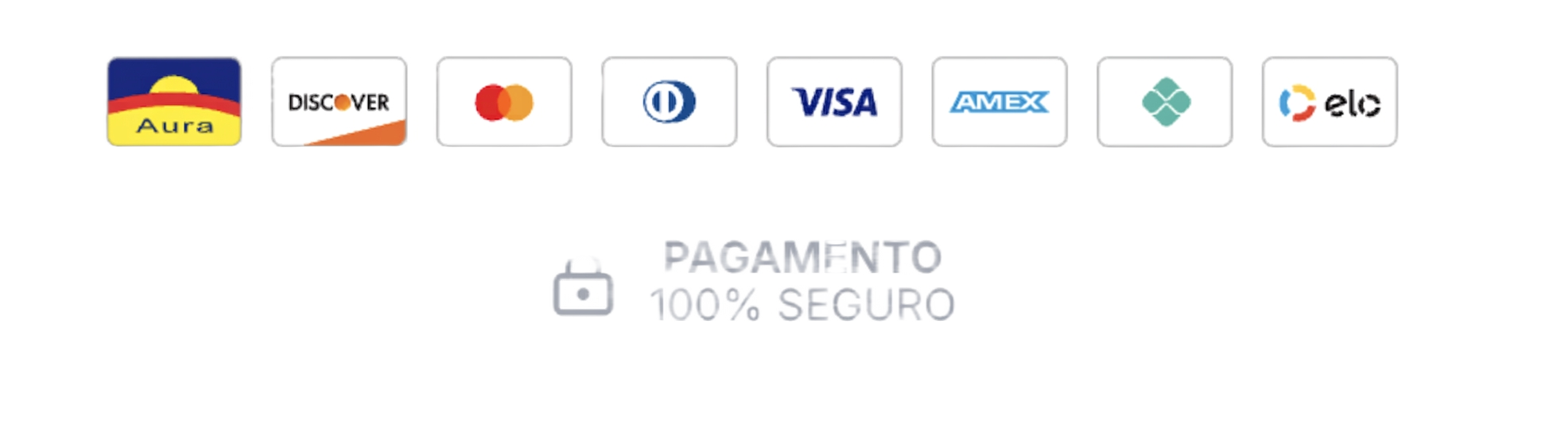 Formas de pagamento: Aura, Discover, Mastercard, Diners, Visa, Amex, Hipercard, Elo · Pagamento 100% Seguro
