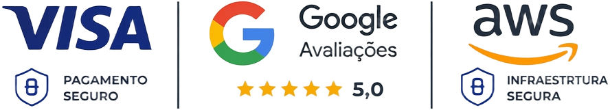 Visa · Google Avaliações 5,0 · AWS Infraestrutura Segura